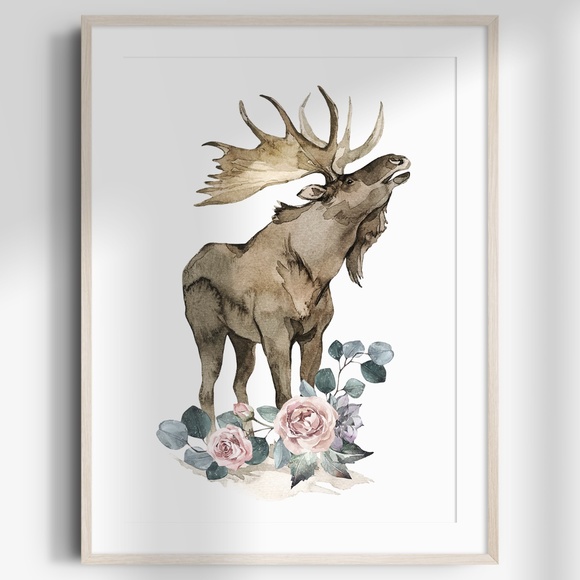 Other - Watercolor Floral Moose Elk Deer Portrait Wall Art Illustration Print Unframed